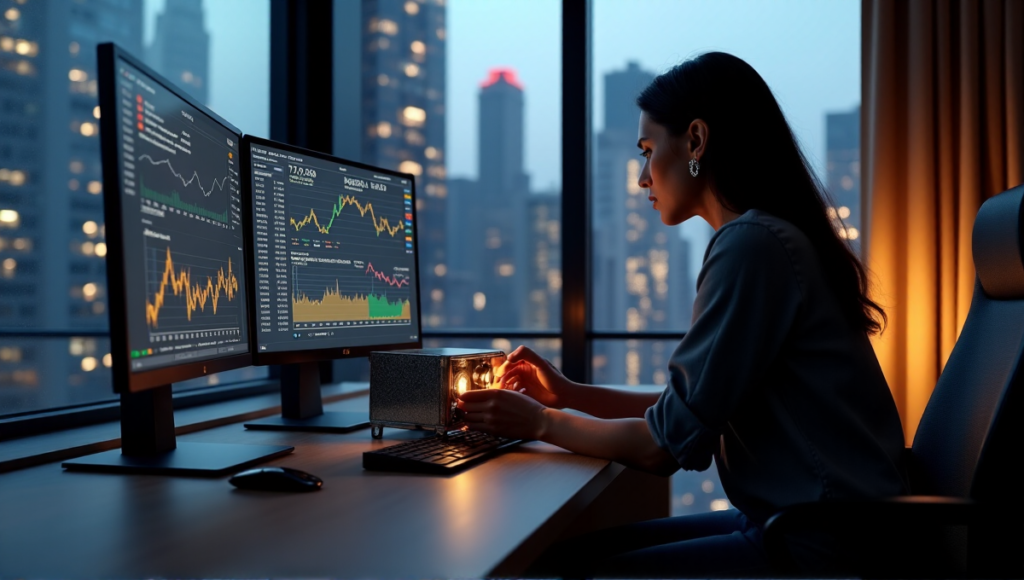 "A person securely holds a metal safe containing digital assets in a dimly lit home office with cityscape views, surrounded by cryptocurrency exchange platforms on high-definition screens."
