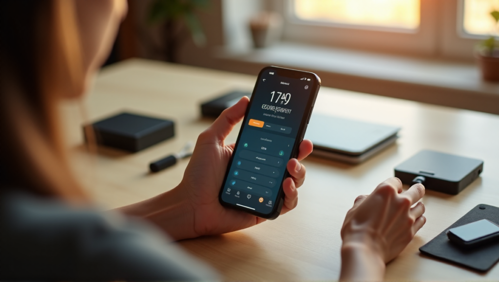 "A person's hand holds a smartphone displaying a cryptocurrency wallet app, surrounded by secure storage solutions like hardware wallets, USB drives, and encrypted paper wallets in a minimalist home office."