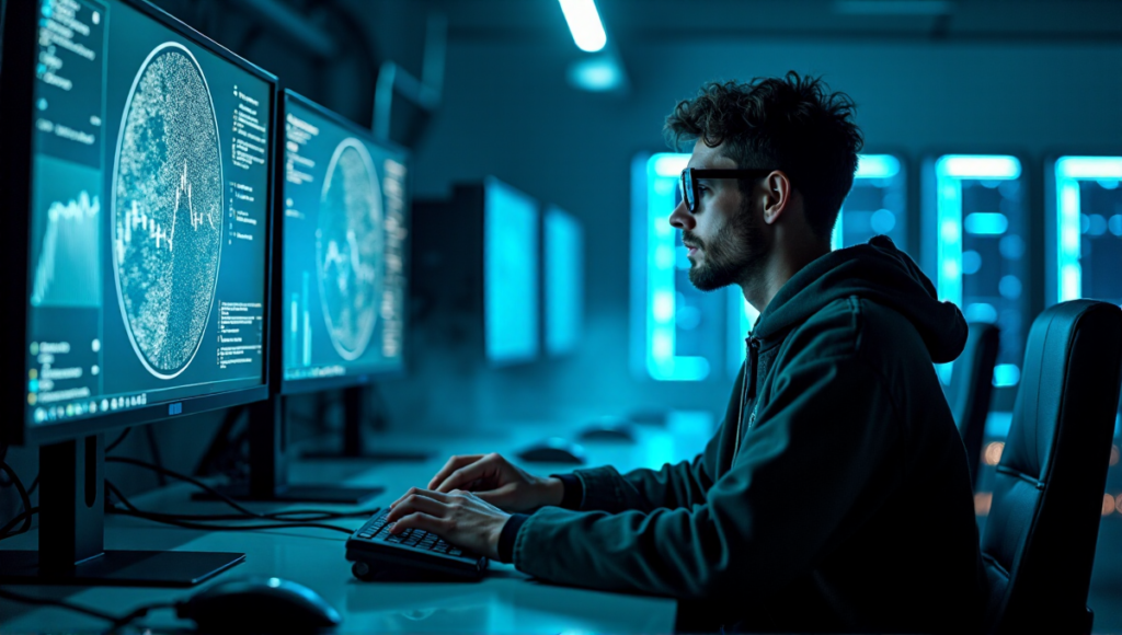 "A person sits in a dimly lit laboratory-style room, intensely monitoring a complex blockchain network diagram on a large screen while multiple cryptocurrency mining rigs hum in the background."