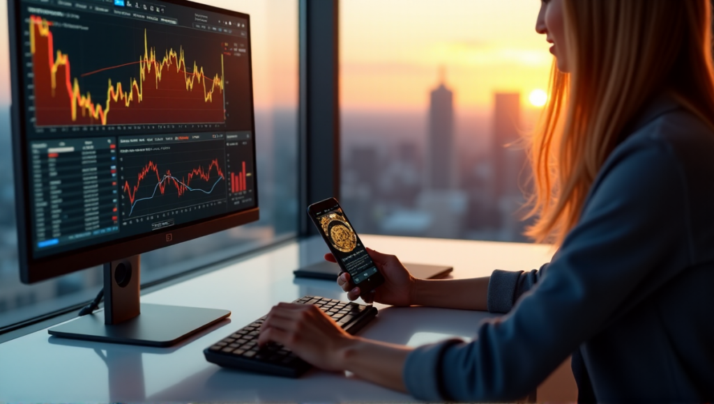 "A person sits in a high-tech home office, navigating cryptocurrency investments on a computer and smartphone, amidst a breathtaking cityscape at sunset."