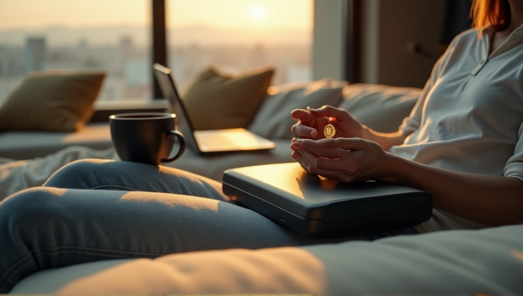 "A person relaxes on a cream-colored couch, surrounded by electronic devices, holding a Ledger wallet and cryptocurrency token, with a cup of coffee nearby."