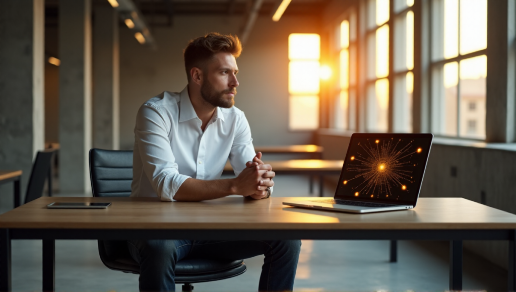 "A person sits at a modern desk, intensely focused on their laptop displaying a blockchain network diagram, with a sleek cryptocurrency wallet nearby."