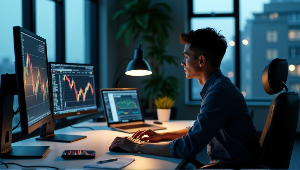 "A young investor sits at a desk, focused on cryptocurrency market charts and news feeds, poised to make investment decisions amidst a dimly lit office with cityscape views."