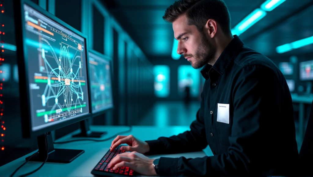 "A skilled cybersecurity expert intensely monitors a blockchain network diagram on a high-tech computer screen in a dimly lit laboratory."
