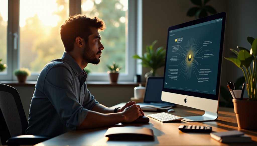 "A person sits at a wooden desk, hands on a leather wallet, eyes fixed on a blockchain network diagram displayed on a large computer screen in a minimalist study with natural light."