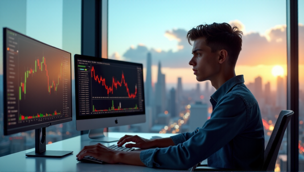 "A young investor intensely studies cryptocurrency charts on multiple screens at a modern trading desk amidst a bustling cityscape with a clear blue sky."