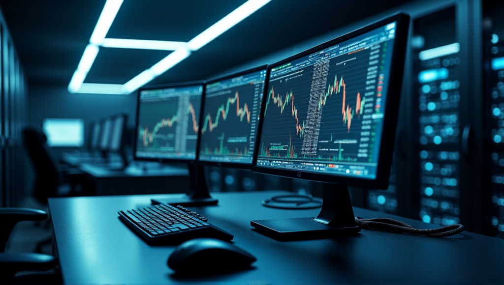 "A secure server room housing a high-tech trading terminal displaying cryptocurrency market data on multiple screens, surrounded by humming servers and soft blue ambient lighting."