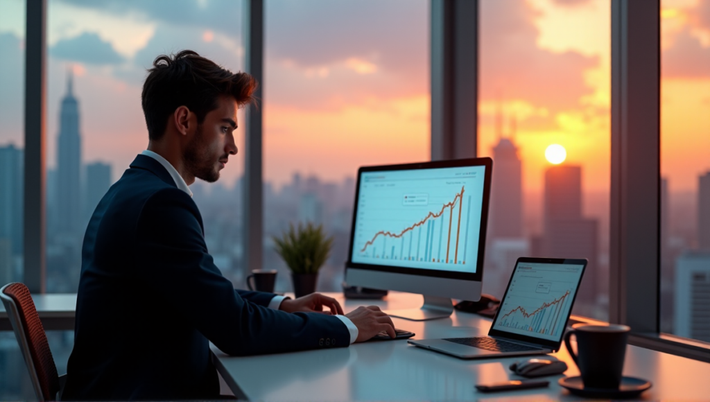 "A young professional sits at a high-tech desk, intensely focused on blockchain-related market data and cryptocurrency adoption trends."