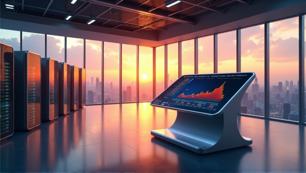 "A futuristic trading floor with a sleek cryptocurrency exchange terminal, surrounded by computer servers and data storage units, reflecting a cityscape at sunset through floor-to-ceiling windows."
