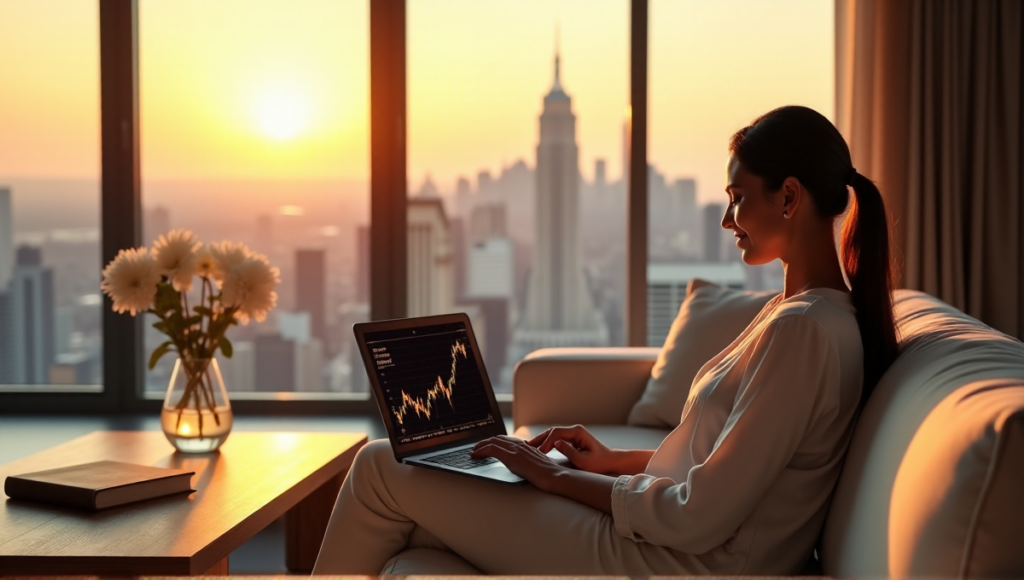 "A serene individual sits on a plush couch, gazing at a laptop displaying fluctuating cryptocurrency prices amidst a modern living room with cityscape views."