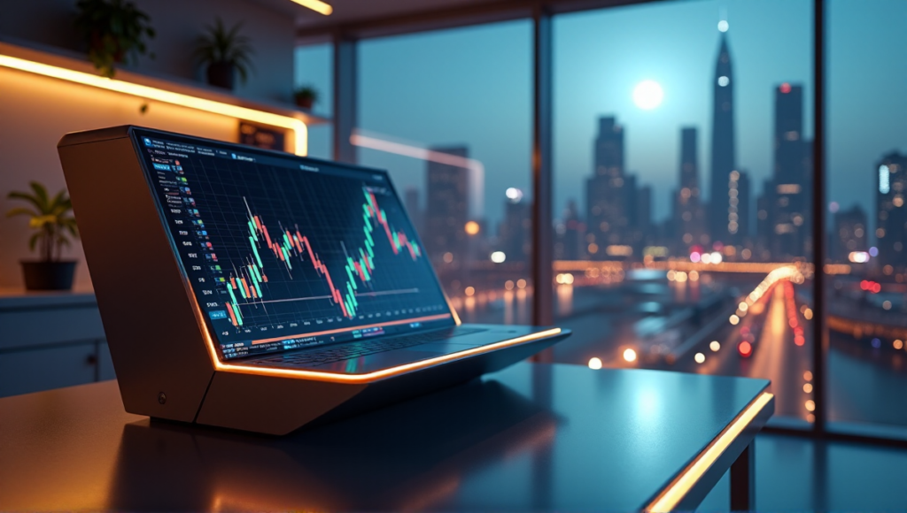 "A sleek, modern cryptocurrency trading terminal in a high-tech laboratory setting, surrounded by a serene cityscape at dusk, showcasing advanced blockchain technology."