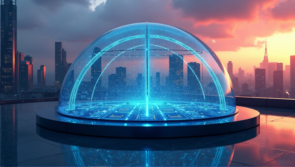 "A futuristic cryptocurrency exchange center at dusk, featuring a glass dome with glowing blue circuit boards and vibrant cityscape reflections."