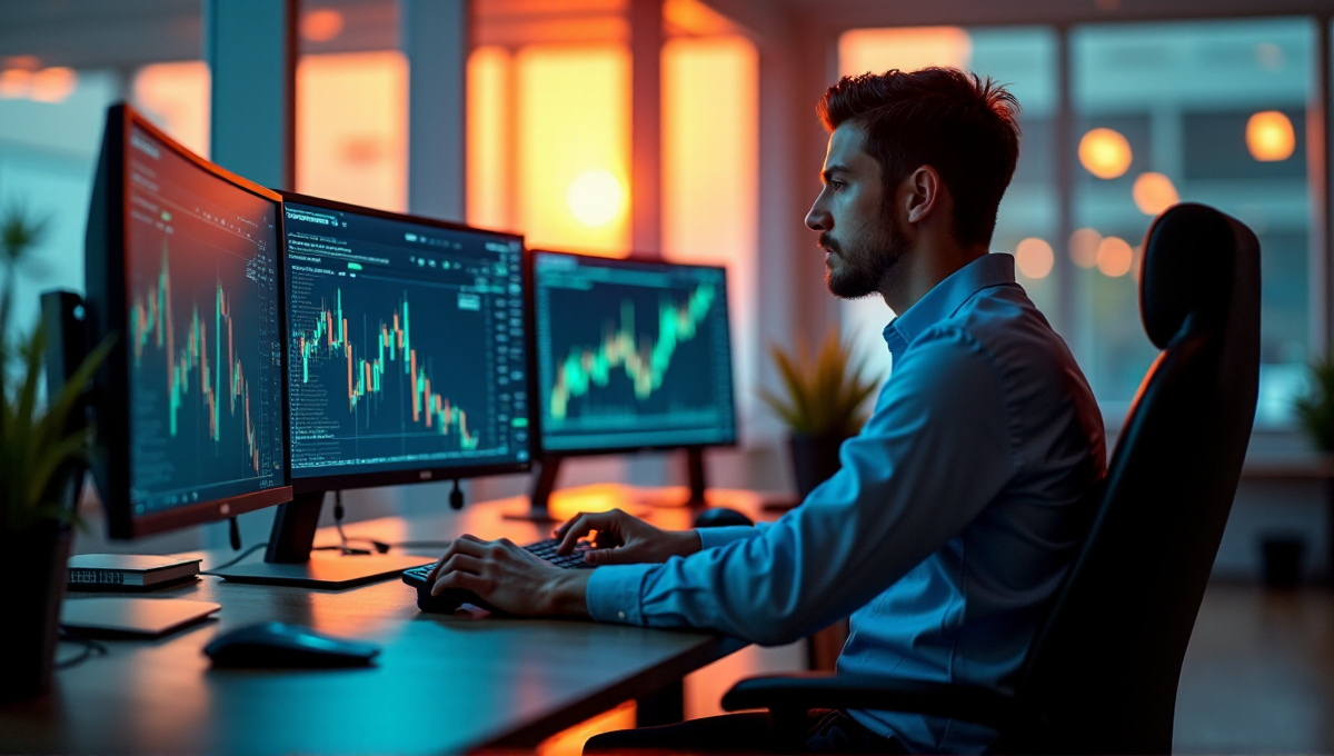 A young professional sits at a modern trading desk, poised to execute a trade amidst cryptocurrency charts and blockchain trends, surrounded by high-tech gadgets in a warm, golden hour-lit environment.