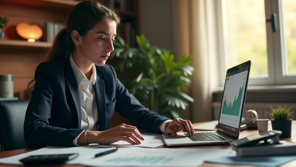 "A person studying a laptop displaying blockchain investment growth, surrounded by financial documents and calculators in a home office setting."