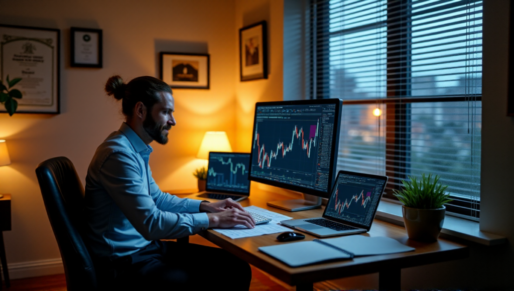 "A professional accountant reviews financial documents and blockchain investments on multiple screens in a dimly lit office with soft lighting."