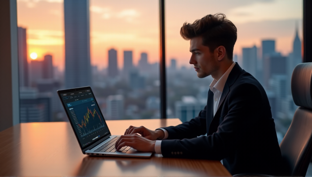 "A young professional sits at a desk in a modern office, intently focused on a cryptocurrency trading platform displayed on their laptop, surrounded by a minimalist workspace with floor-to-ceiling windows showcasing a cityscape at dusk."