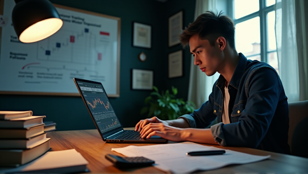 "A person sits at a wooden desk, intensely focused on a cryptocurrency trading platform on their laptop, surrounded by financial books and papers, with a calculator and pen nearby."