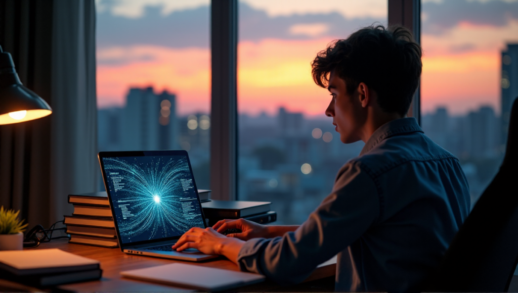 "A young adult sits in a dimly lit room, focused on their laptop displaying a blockchain network, surrounded by coding books and computer components."