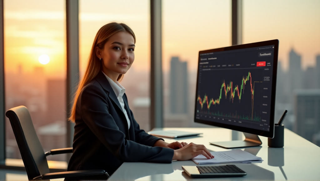 "A young entrepreneur sits confidently at a modern desk, surrounded by financial tools, with a large computer screen displaying cryptocurrency market trends and a cityscape view behind her."