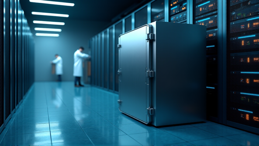 "A high-tech cryptocurrency storage vault in a secure data center environment, surrounded by humming servers and network cables, with technicians working discreetly in the background."