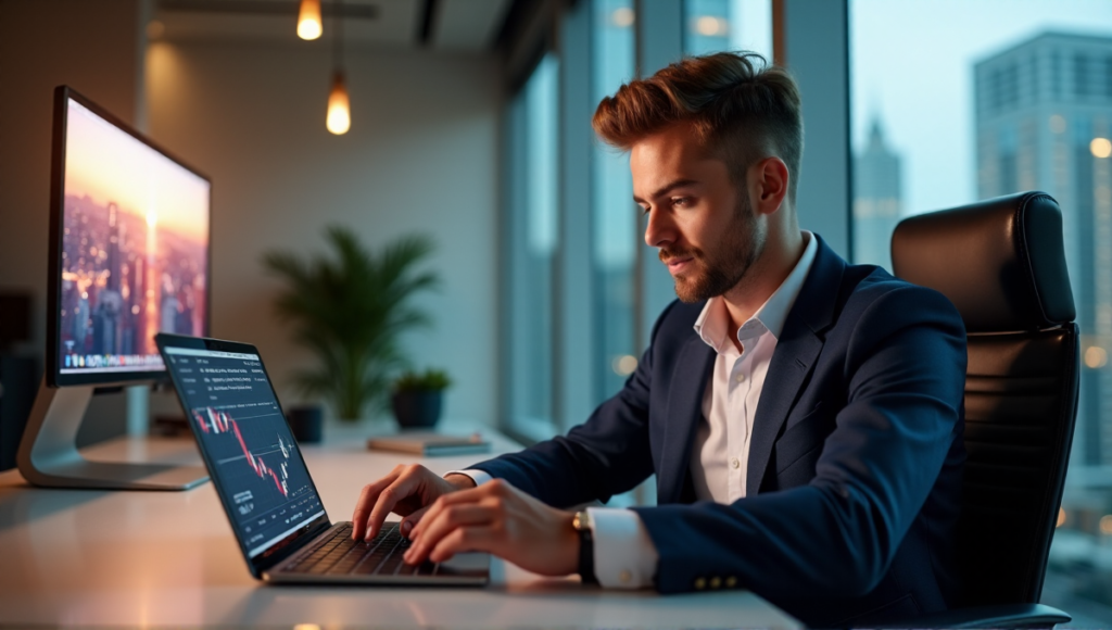 "A young entrepreneur sits confidently in a high-tech home office, intensely studying cryptocurrency market data on large screens and a tablet, with a focus on blockchain investing."