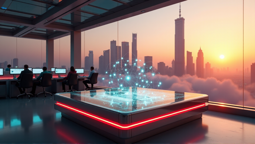 "A futuristic blockchain terminal stands on a raised platform in a financial hub at sunset, surrounded by high-tech control rooms and a cityscape with towering skyscrapers."