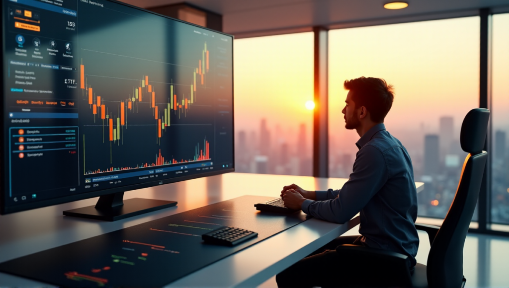 "A young investor sits intently in a modern trading floor, eyes fixed on a digital screen displaying cryptocurrency market trends and ETF performance, with a blockchain-inspired console at hand."