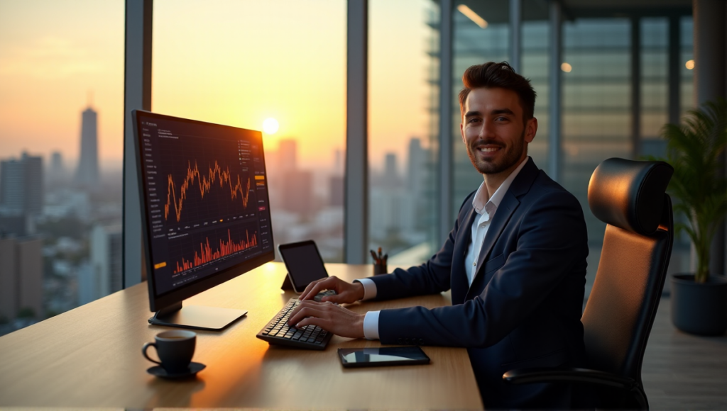 "A young investor sits confidently at a wooden desk, surrounded by cryptocurrency market charts and AI-powered trading tools, with a city skyline view through a floor-to-ceiling glass wall."
