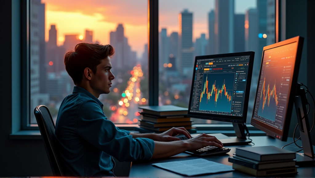 "A young trader intensely studies cryptocurrency market trends on multiple screens, surrounded by financial resources and a cityscape view, highlighting the global impact of blockchain technology."