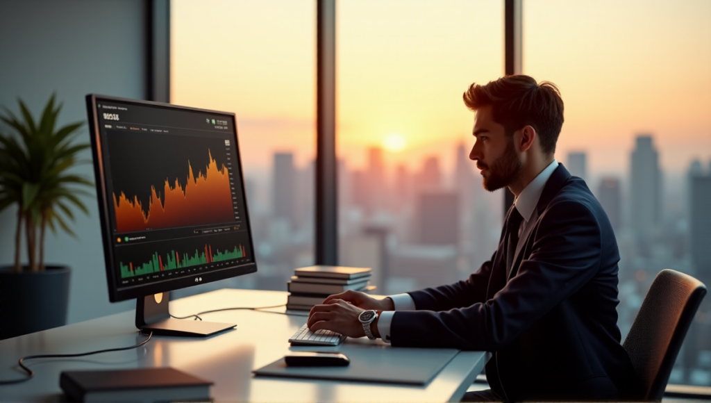 "A young professional sits confidently at a desk, surrounded by financial books and high-tech gadgets, with a large monitor displaying a cryptocurrency market graph, wearing blockchain-inspired accessories."