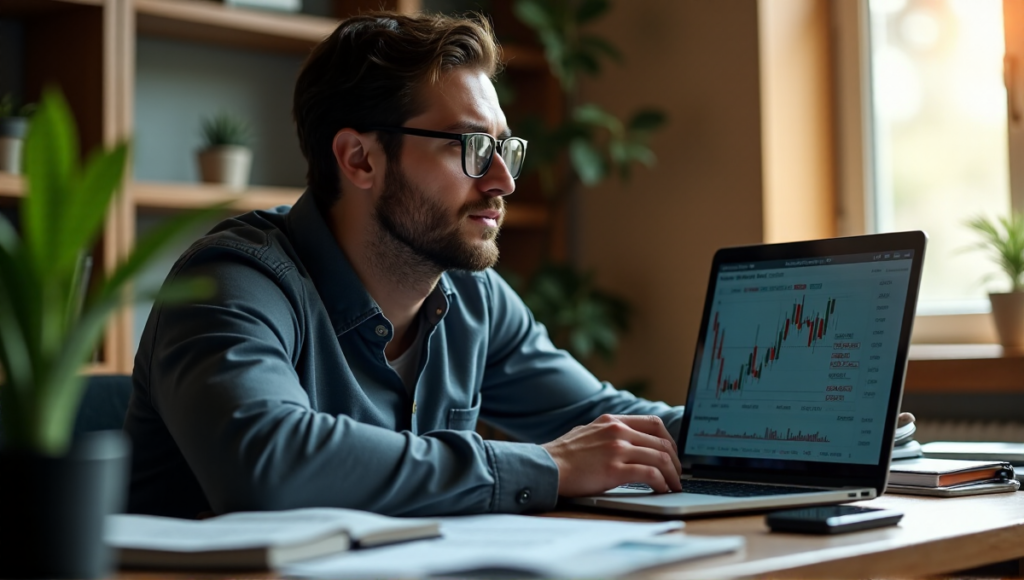 "A person sits at a desk, surrounded by financial documents and high-tech gadgets, intently navigating a cryptocurrency trading platform on their laptop with a Ledger hardware wallet nearby."