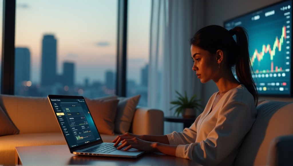 "A young woman sits calmly on a cream-colored couch, navigating a cryptocurrency trading platform on her laptop amidst a serene cityscape at dusk."