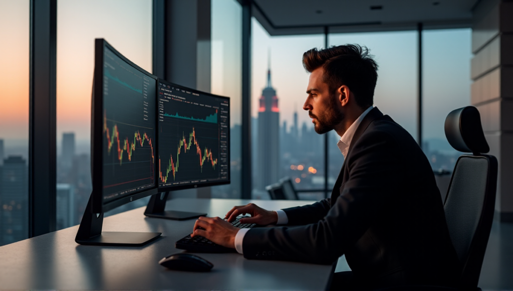 A cryptocurrency trader sits intensely in front of multiple computer screens displaying Bitcoin and Altcoin market trends on a blockchain platform, set against a dimly lit city skyline at dusk.