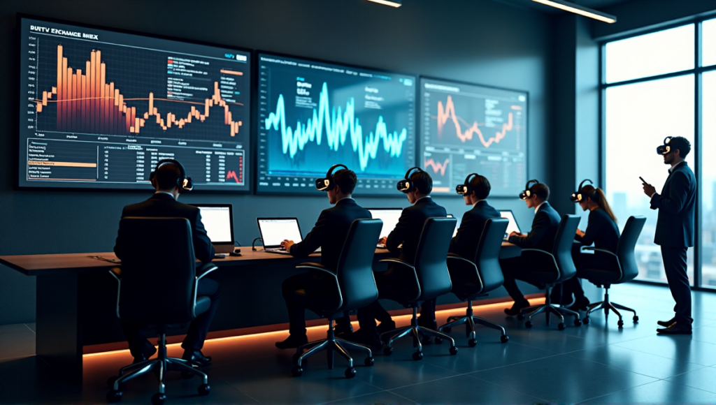 "A group of diverse traders intensely focus on laptops and mobile devices with augmented reality displays, surrounded by a sleek trading floor with a large blockchain-enabled decentralized exchange interface in the background."