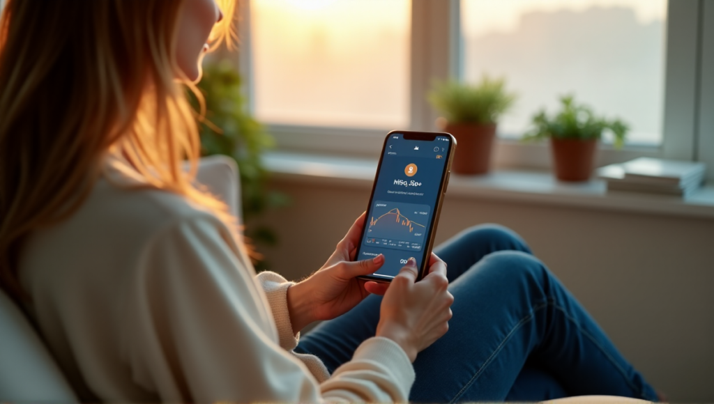 "A person sits on a cream-colored couch surrounded by cryptocurrency charts and gadgets, holding a smartphone with a staking app open, gazing out at a serene misty morning scene."