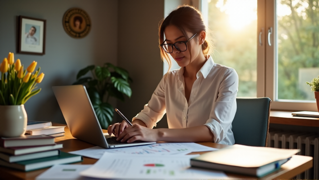 "A woman sits at a wooden desk, surrounded by financial documents and a laptop displaying cryptocurrency charts on a blockchain trading platform."