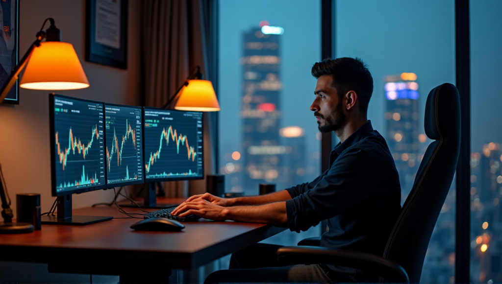"An image of a skilled trader sitting confidently at a trading desk with multiple screens displaying Bitcoin market data and charts, set against a dimly lit cityscape view."
