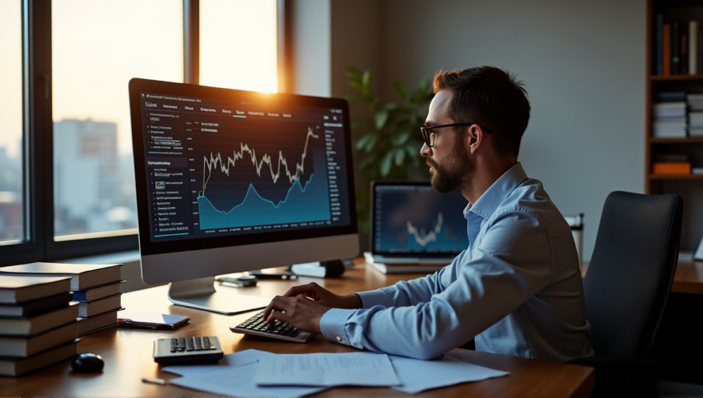 "A professional investor sits at a wooden desk, surrounded by financial resources, analyzing blockchain-based smart contract investments on multiple screens."