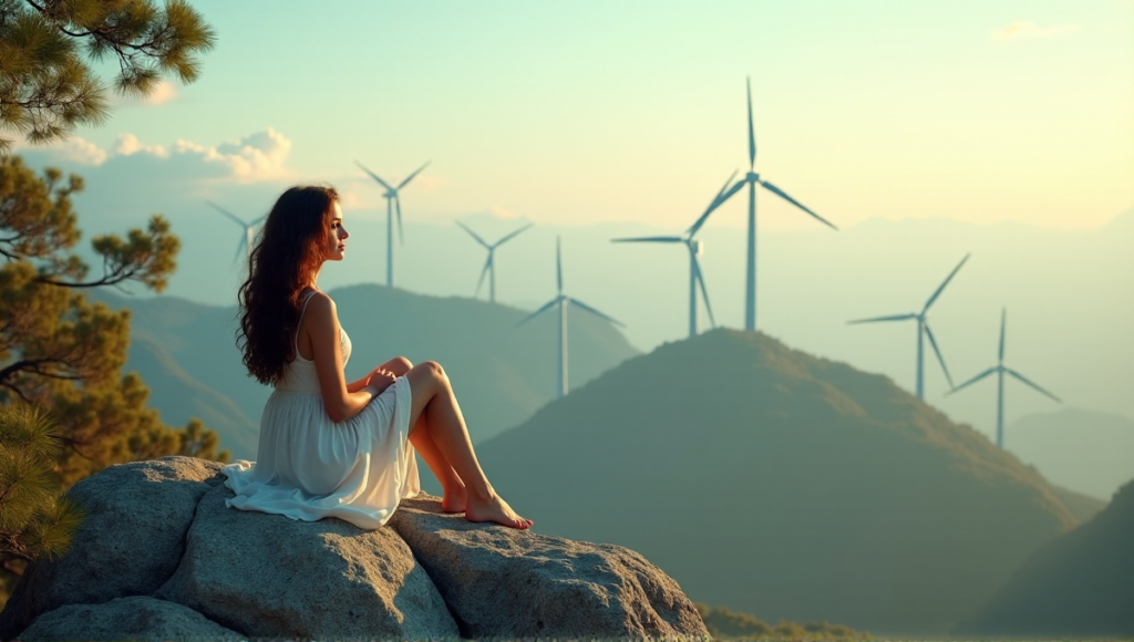 "A young woman sits on a rocky outcrop, gazing at a serene landscape with solar panels and wind turbines blending into nature, symbolizing decentralized wealth through blockchain technology."