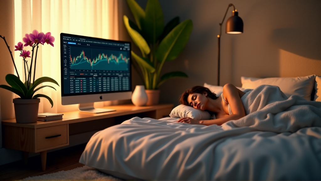 "A serene bedroom scene featuring a sleeping person beside a computer monitor displaying a cryptocurrency trading platform on a blockchain, surrounded by lush greenery and natural elements."