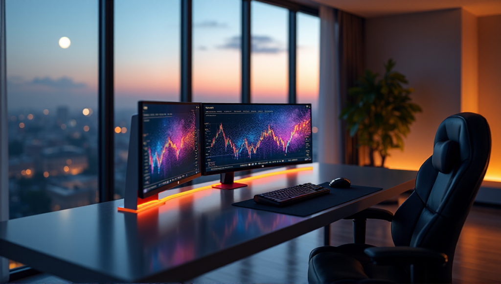 "A high-tech cryptocurrency trading terminal on a modern desk in a serene home office setting with floor-to-ceiling windows and blockchain-inspired LED screens."