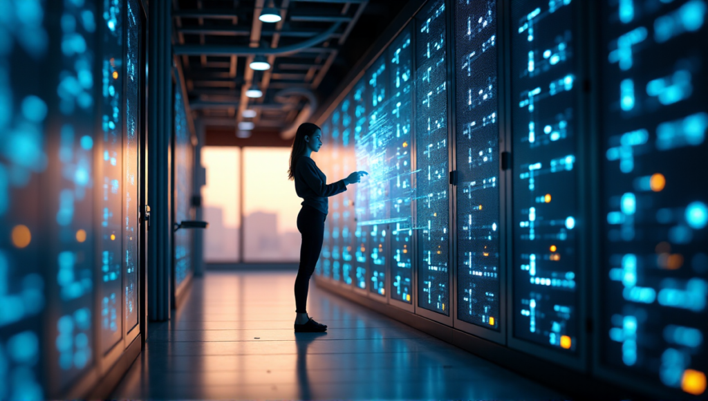 "A young woman stands in a dimly lit server room surrounded by rows of humming computers and blockchain nodes, intensely focused on a holographic display projecting a 3D blockchain network model."