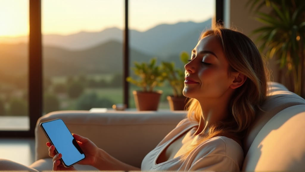 "A serene woman relaxes on a cream-colored couch, holding a Ledger device, surrounded by minimalist decor and a breathtaking natural landscape view."