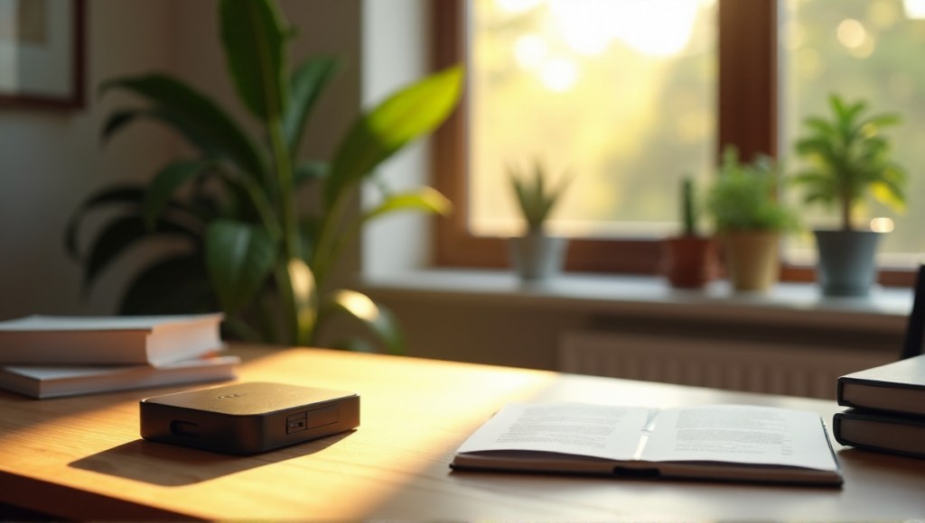 "A serene home office scene featuring a Ledger device on a minimalist desk amidst financial books and papers, surrounded by lush green plants and artwork, bathed in warm natural light."