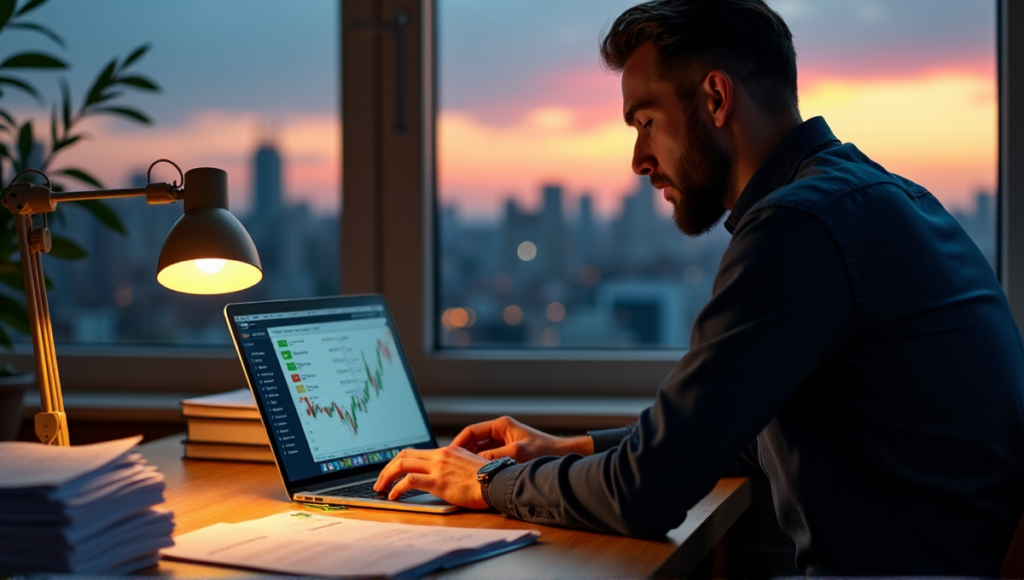 "A self-employed individual focuses on cryptocurrency tax compliance at a wooden desk amidst financial documents and blockchain records."