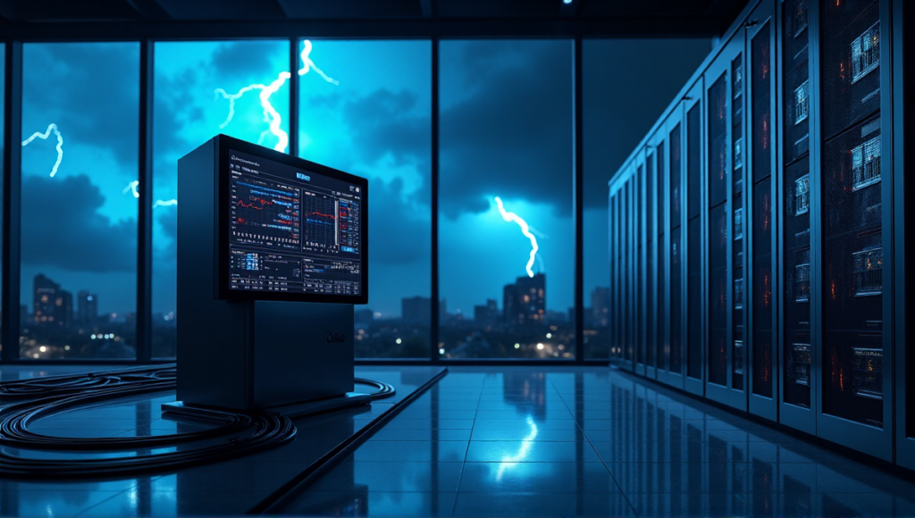 "A high-tech cryptocurrency trading terminal in a climate-controlled data center, surrounded by servers and cables, with a panoramic view of a stormy night sky through a floor-to-ceiling glass window."