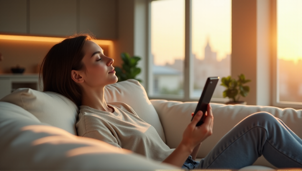 "A young adult relaxes on a cream-colored couch, holding an open Ledger device as soft natural light illuminates the modern living room with pale gray walls and subtle LED lighting."