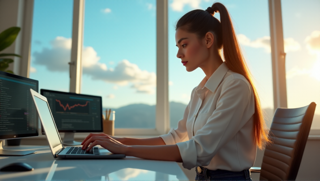 "A young woman sits at a desk, surrounded by DeFi tools, typing on her keyboard with determination, illuminated by natural light through floor-to-ceiling windows."