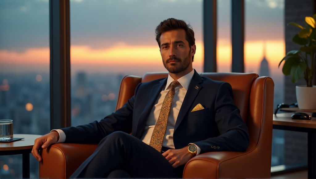 "A confident individual sits in a luxurious home office, surrounded by floor-to-ceiling windows and NFT-inspired accessories, emphasizing long-term wealth growth through blockchain investments."