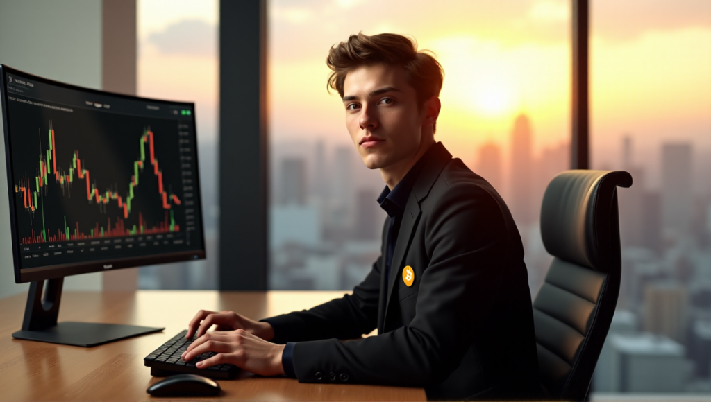 "A young adult in a black business suit sits confidently at a desk, poised to execute a trade on a computer monitor displaying cryptocurrency market trends."